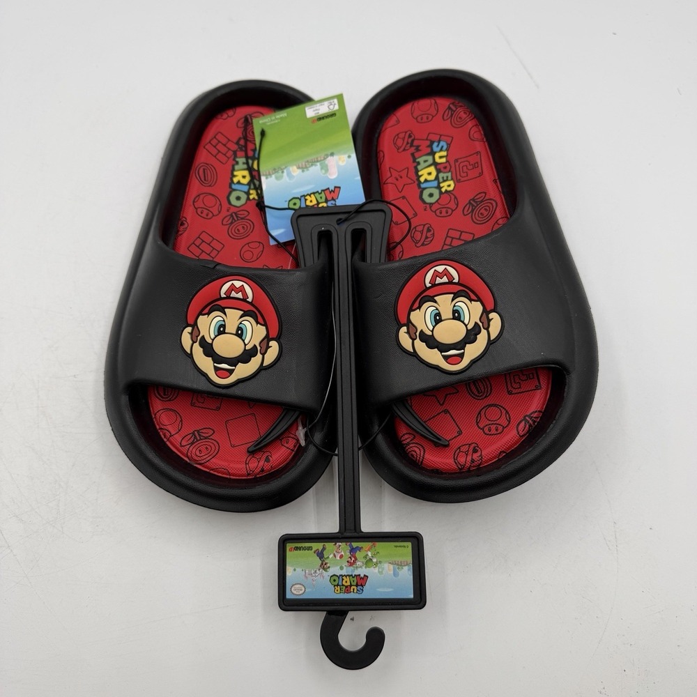 Super Mario Bros Slides Boys Size‎ 10 Red/Black Ground Up Nintendo Kids Sandals